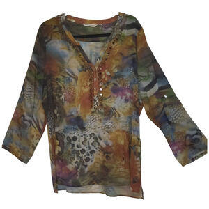 Soft Surroundings Top Topper Womens XL Sheer Boho Lightweight Sequins Pretty!